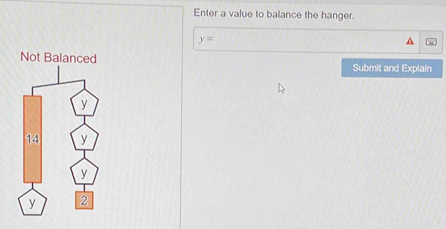 Enter a value to balance the hanger.
y=
°??? 
Submit and Explain
14