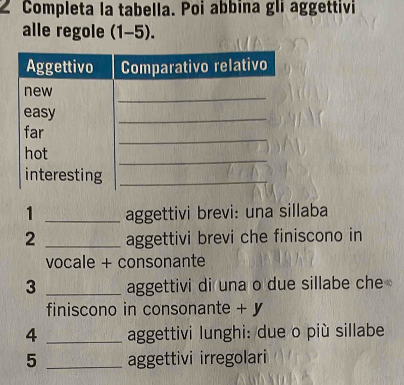 Completa la tabella. Poi abbina gli aggettivi 
alle regole (1-5). 
1 _aggettivi brevi: una sillaba 
2 _aggettivi brevi che finiscono in 
vocale + consonante 
3 _aggettivi di una o due sillabe che 
finiscono in consonante + y 
4 _aggettivi lunghi: due o più sillabe 
5 _aggettivi irregolari