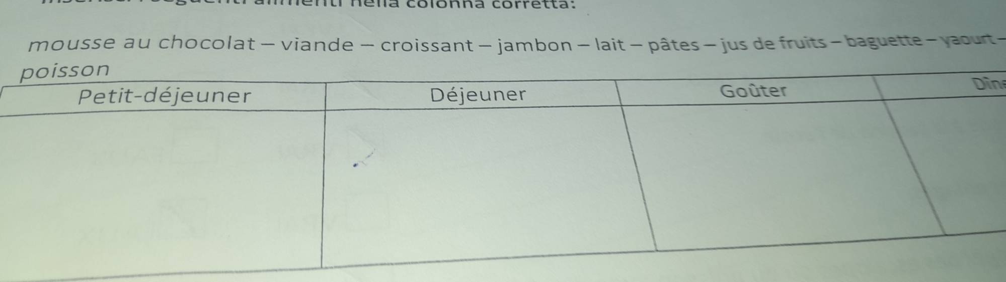 rertr nena colónna corretta. 
mousse au chocolat — viande — croissant — jambon — lait - pâtes — jus de fruits - baguette - yaourt- 
n