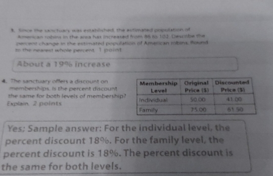 Since the sanctuary was established, the estimated population of 
American robins in the area has increased from 86 to 102. Descrbe the 
percent change in the estimated population of American robins, Bound 
to the nearest whole percent, I point 
About a 19% increase 
4. The sanctuary offers a discount on 
memberships. Is the percent discount 
the same for both levels of membership? 
Explain, 2 points 
Yes; Sample answer: For the individual level, the 
percent discount 18%. For the family level, the 
percent discount is 18%. The percent discount is 
the same for both levels.