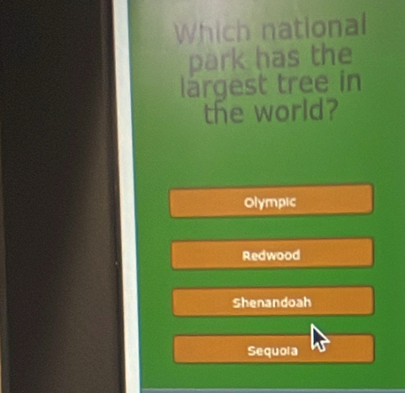 Which national
park has the
largest tree in
the world?
Olympic
Redwood
Shenandoah
Sequola