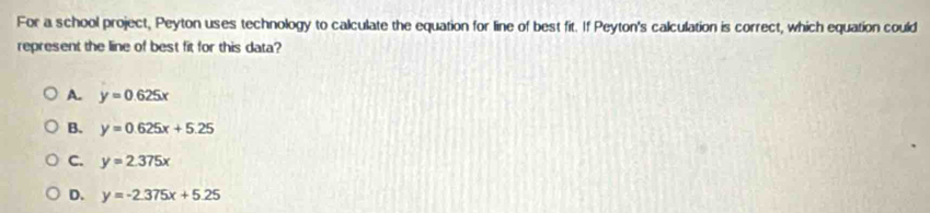 For a school project, Peyton uses technology to calculate the equation for line of best fit. If Peyton's calculation is correct, which equation could
represent the line of best fit for this data?
A. y=0.625x
B. y=0.625x+5.25
C. y=2.375x
D. y=-2.375x+5.25