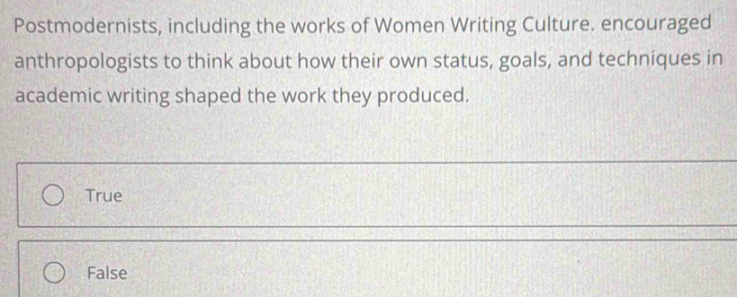 Postmodernists, including the works of Women Writing Culture. encouraged
anthropologists to think about how their own status, goals, and techniques in
academic writing shaped the work they produced.
True
False