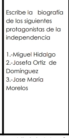 Escribe la biografía
de los siguientes
protagonistas de la
independencia
1.-Miguel Hidalgo
2.-Josefa Ortiz de
Domínguez
3.-Jose María
Morelos