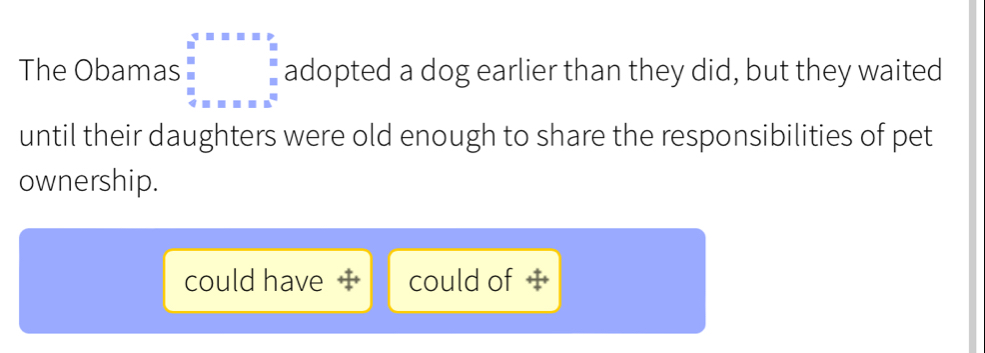 The Obamas :beginarrayr 4=x=y underline underlineendarray adopted a dog earlier than they did, but they waited
until their daughters were old enough to share the responsibilities of pet
ownership.
could have could of