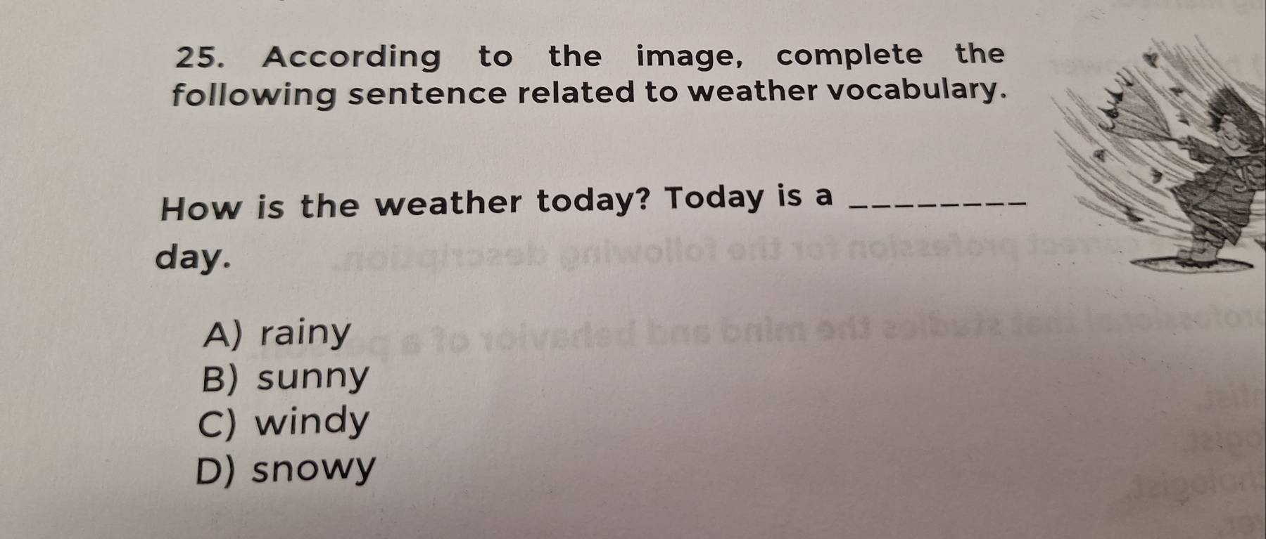 According to the image, complete the
following sentence related to weather vocabulary.
How is the weather today? Today is a_
day.
A) rainy
B) sunny
C) windy
D) snowy