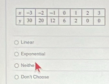 Linear
Exponential
Neithe
Don't Choose