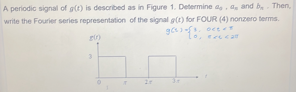 A periodic signal of g(t) is described as in Figure 1. Determine a_0,a_n and b_n. Then,
write the Fourier series representation of the signal g(t) for FOUR (4) nonzero terms.
1