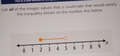 This is a newven 
List all of the integer values that x could take that would satisfy 
the inequality shown on the number line below.