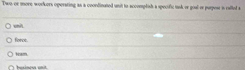Two or more workers operating as a coordinated unit to accomplish a specific task or goal or purpose is called a
unit.
force.
team.
busíness unit.