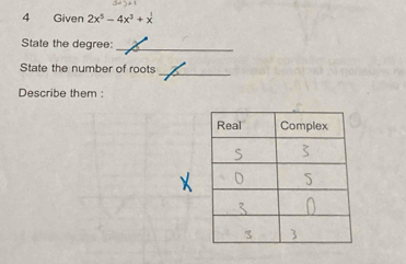 Given 2x^5-4x^3+x
State the degree:_ 
State the number of roots_ 
Describe them :