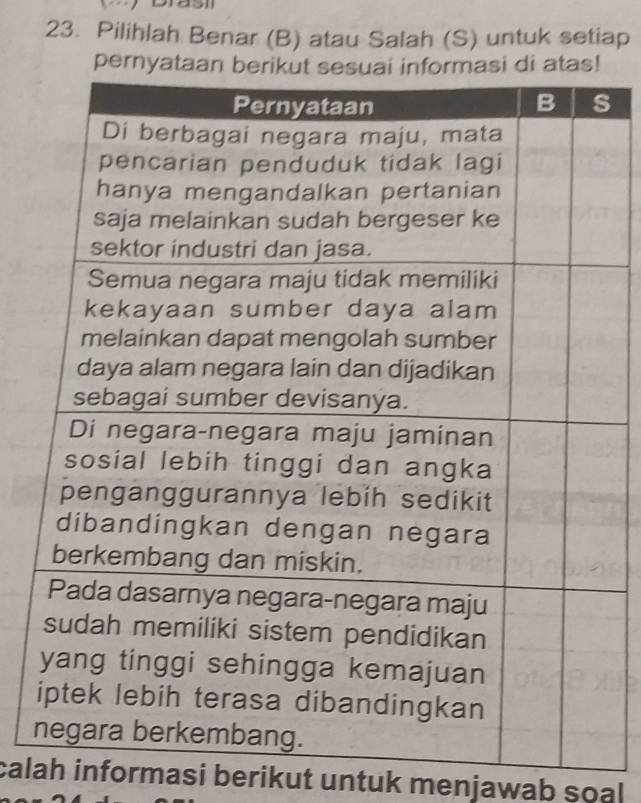 Pilihlah Benar (B) atau Salah (S) untuk setiap 
perny 
s 
calah informasi berikut untuk menjawab soal