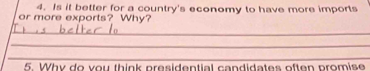 Is it better for a country's economy to have more imports 
or more exports? Why? 
_ 
_ 
_ 
5. Why do vou think presidential candidates often promise