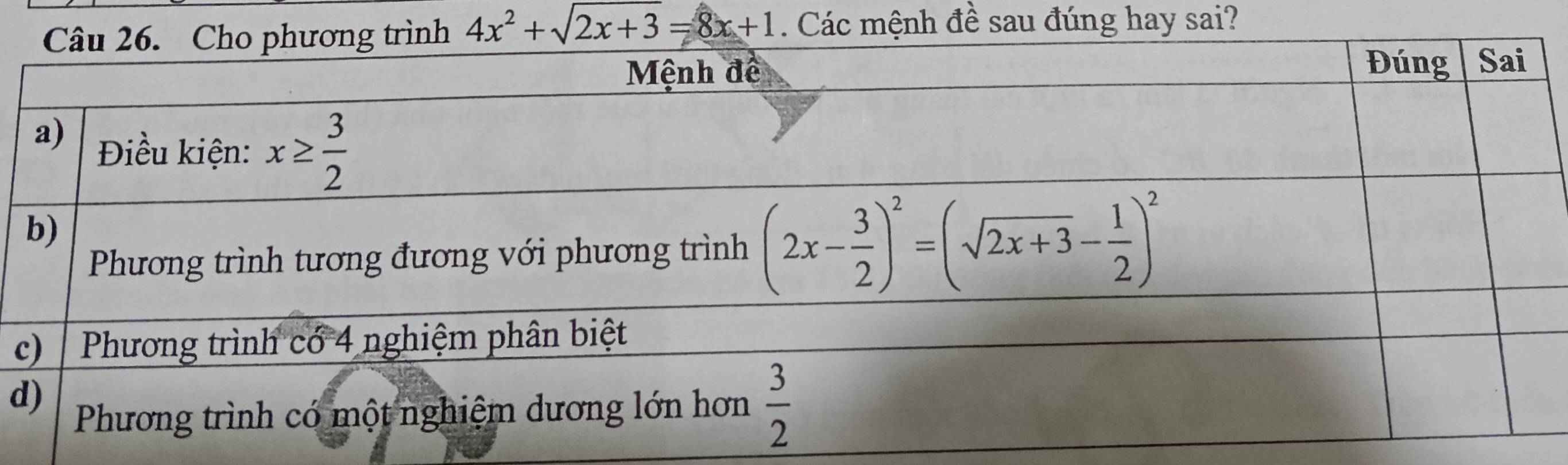 4x^2+sqrt(2x+3)=8x+1 Các mệnh đề sau đúng hay sai?
c
d