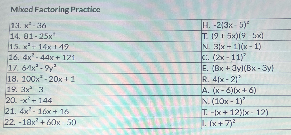 Mixed Factoring Practice
2