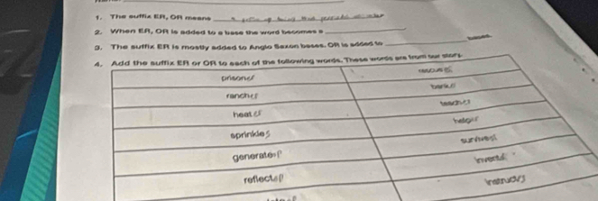 The suffiz ER, OR means_ 
2. When ER, OR is added to a lase the word becomes a 
_ 
_hased. 
3. The suffix ER is mostly added to Anglo Saxon beses. OR is added to