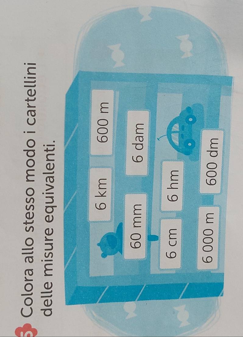 Colora allo stesso modo i cartellini 
delle misure equivalenti.
6 km 600 m
60 mm 6 dam
6 cm 6 hm.
6 000 m 600 dm