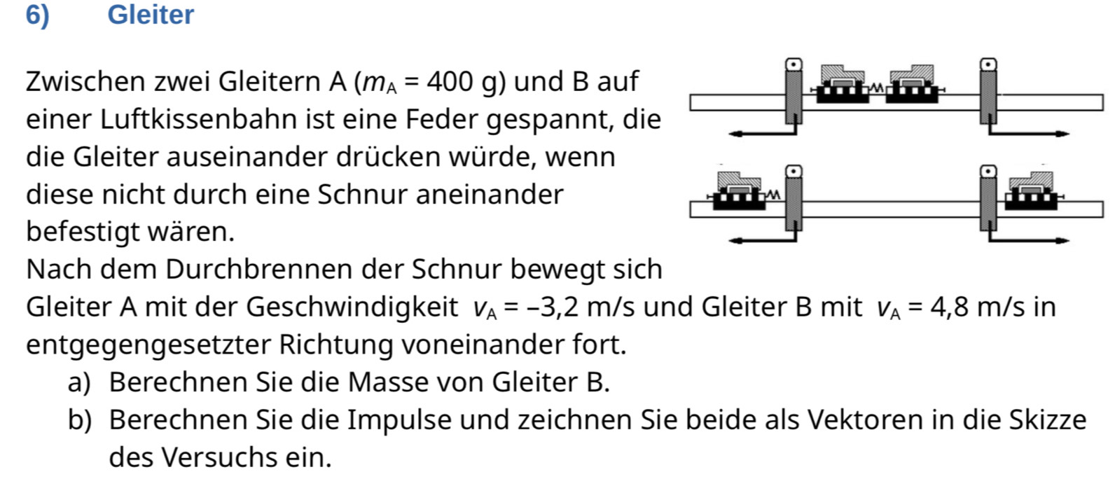 Gelöst:Gleiter Zwischen zwei Gleitern A(m_A=400g) und B auf einer ...