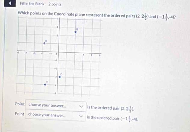 Fill in the Blank 2 points
Which points on the Coordinate plane represent the ordered pairs (2,2 1/2 ) and (-1 1/2 ,-4)
Point choose your answer... is the ordered pair (2,2 1/2 ). 
Point choose your answer._ is the ordered pair (-1 1/2 ,-4).