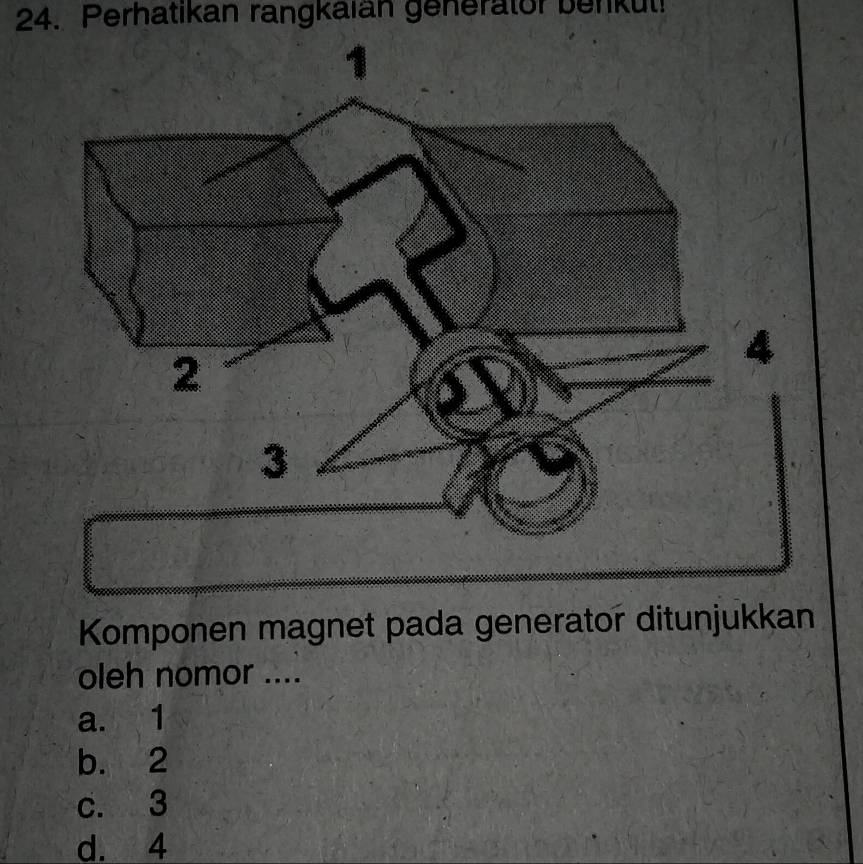 Perhatikan rangkaian generator benkul!
Komponen magnet pada generator ditunjukkan
oleh nomor ....
a. 1
b. 2
c. 3
d. 4