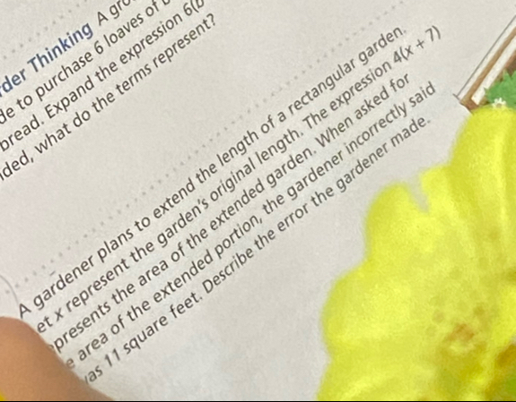 er Thinking A gr 
to purchase 6 loaves o
60
ead. Expand the expressic 

d, what do the terms repres 
rdener plans to extend the length of a rectangular ga 4(x+7)
represent the garden's original length. The expre 
ents the area of the extended garden. When aske 
a of the extended portion, the gardener incorrectl 
I square feet. Describe the error the gardener n