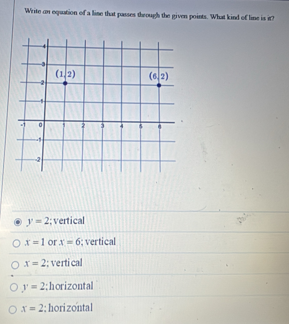 Write an equation of a line that passes through the given points. What kind of line is it?
y=2;vertical
x=1 or x=6; vertical
x=2; verti cal
y=2;horizontal
x=2; horizontal