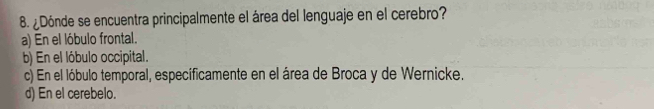 ¿Dónde se encuentra principalmente el área del lenguaje en el cerebro?
a) En el lóbulo frontal.
b) En el lóbulo occipital.
c) En el lóbulo temporal, específicamente en el área de Broca y de Wernicke.
d) En el cerebelo.