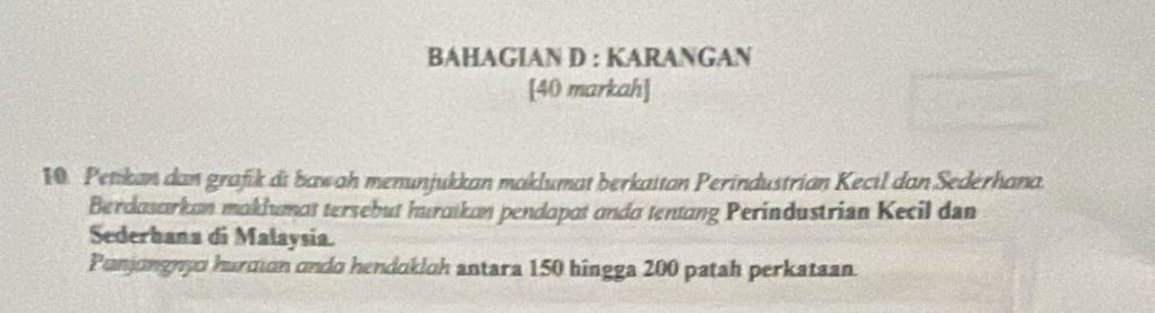 BAHAGIAN D : KARANGAN 
[40 markah] 
10. Petikan dan grafik di bawah menunjukkan maklumat berkaitan Perindustrian Kecil dan Sederhana 
Berdasarkan maklumat tersebut huraikan pendapat anda tentang Perindustrian Kecil dan 
Sederhana di Malaysia. 
Punjongnyo hurcion ondo hendokloh antara 150 hingga 200 patah perkataan.