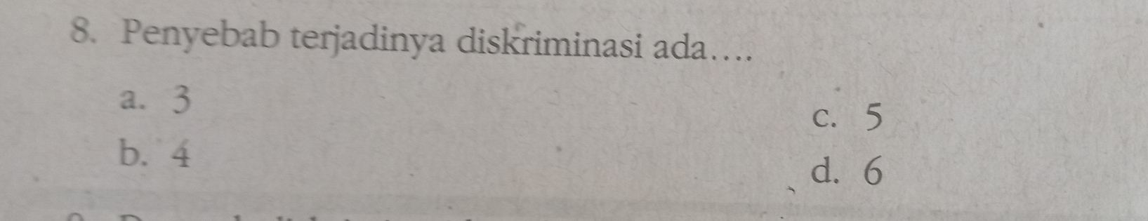 Penyebab terjadinya diskriminasi ada…
a. 3
c. 5
b. 4
d. 6