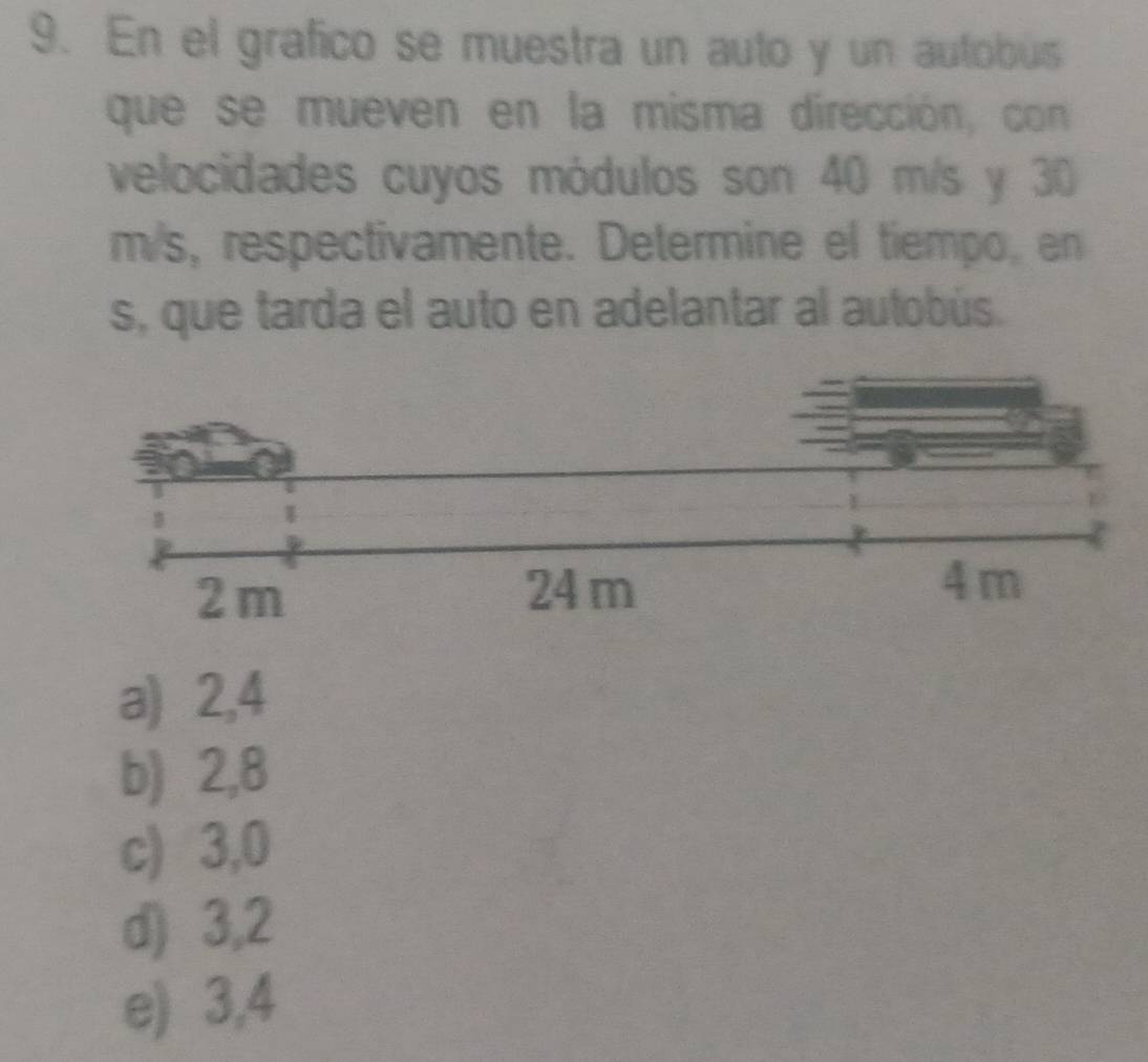 En el grafico se muestra un auto y un autobus
que se mueven en la misma dirección, con
velocidades cuyos módulos son 40 m/s y 30
m/s, respectivamente. Determine el tiempo, en
s, que tarda el auto en adelantar al autobús.
a) 2,4
b) 2,8
c) 3,0
d) 3, 2
e) 3,4