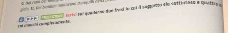 Dai rami del mei 
gioia. 11. Dei bambini nuotavano tranquilli nella pl. 
6 pnoouzonel scrivi sul quaderno due frasi in cui il soggetto sia sottinteso e quattro i 
cui manchi completamente.