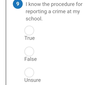 know the procedure for
reporting a crime at my
school.
True
False
Unsure