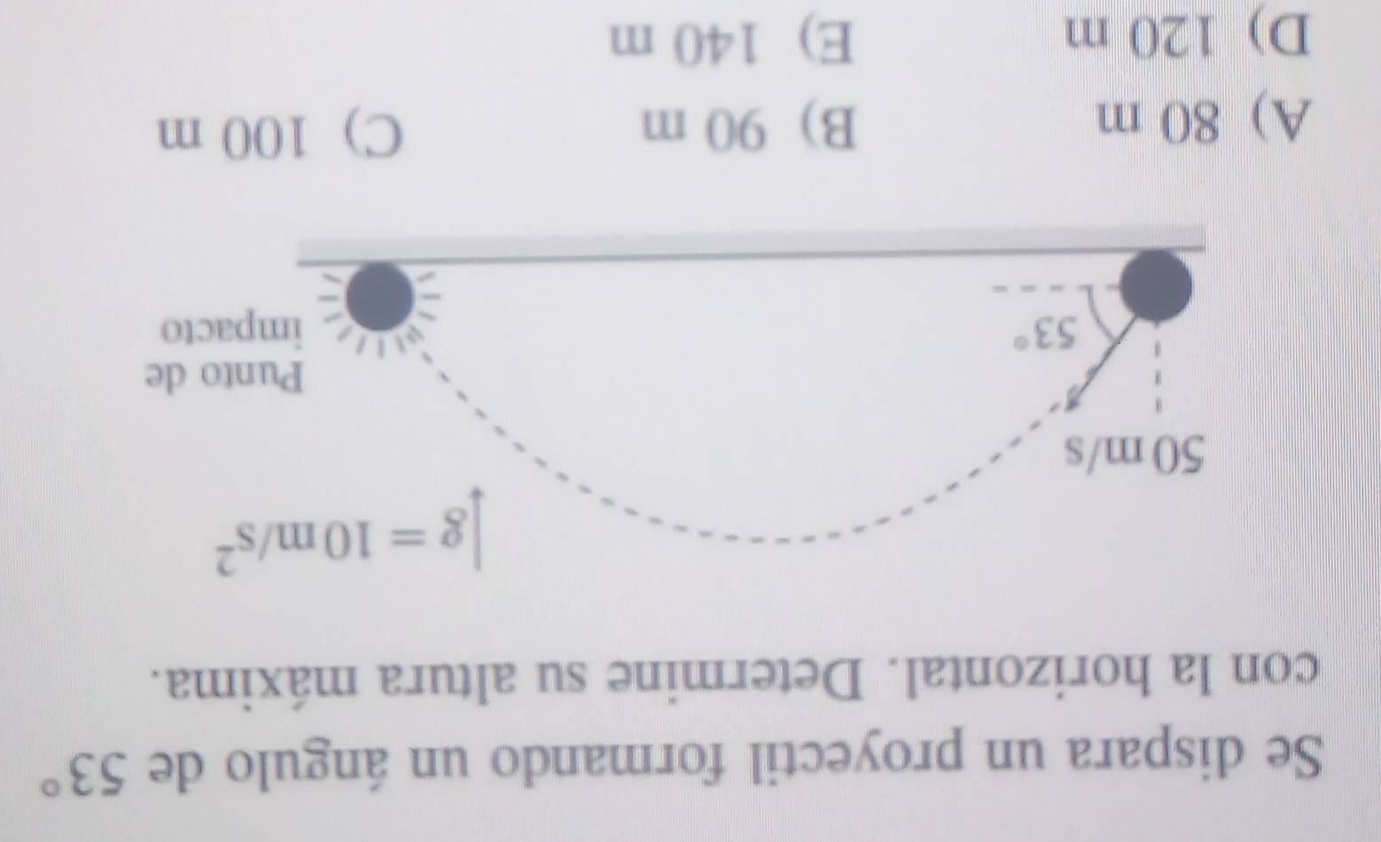 Se dispara un proyectil formando un ángulo de 53°
con la horizontal. Determine su altura máxima.
A) 80 m B) 90 m C) 100 m
D) 120 m E) 140 m