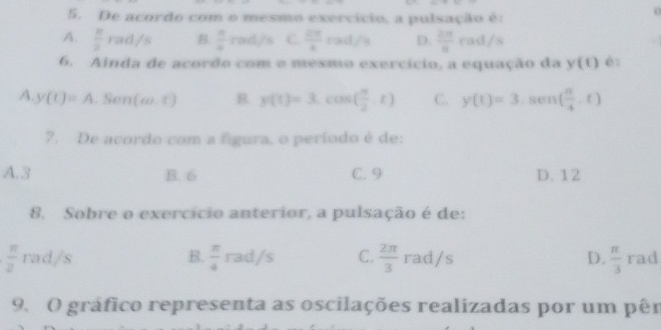 De acordo com o mesmo exercício, a pulsação é:
A.  π /2 rad/s B.  π /4 rad/s C.  2π /4  rad/s D.  2π /6 rad/s
6. Ainda de acordo com e mesmo exercício, a equação da y(t) é:
A. y(t)=A. Sen (omega ,chi ) B. y(t)=3.cos ( π /2 ,t) C. y(t)=3,sen( π /4 ,t)
7. De acordo com a figura, o período é de:
A. 3 B. 6 C. 9 D. 12
8. Sobre o exercício anterior, a pulsação é de:
 π /2  rad/s
B  π /4 rad/s C  2π /3 rad/s D.  π /3  x=2π rad
9. O gráfico representa as oscilações realizadas por um pêr