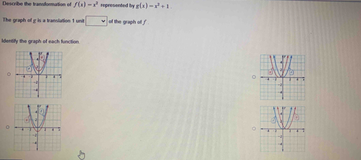 Describe the transformation of f(x)=x^2 represented by g(x)=x^2+1. 
The graph of g is a translation 1 unit □ of the graph of f. 
Identify the graph of each function.