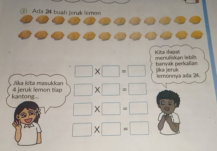 ② Ada 24 buah jeruk lemon
1 2
14 15 16 U 4
Kita dapat 
menuliskan lebih 
banyak perkalian
□ * □ =□ jika jeruk 
lemonnya ada 24. 
Jika kita masukkan
4 jeruk lemon tiap □ * □ =□
kantong...
□ * □ =□
□ * □ =□