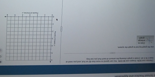 or Schook Practice and Application 
Chemes cost $2/lb. Grapes cost $0.50/b. You can spend no more than $2 on fruit, and you need at 
least 2 ib in all. Create a graph showing the amount of each fruit you can buy. 
r 
Use the graphing tool to graph the system. 
. Click to 
enlarge graph