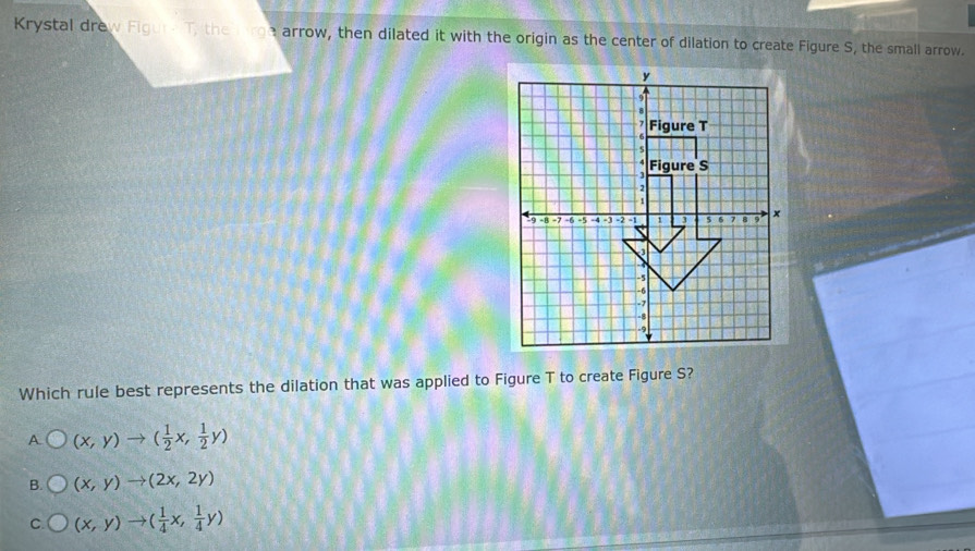 Krystal drew Figure T, the orge arrow, then dilated it with the origin as the center of dilation to create Figure S, the small arrow.
y
97
1 Figure T
6
s
4
3 Figure S
2
1
t9 −B −7 -6 -5 -4 -3 = 2 = 1 1 3 5 6 8 x
3
-5
-6
-7
-8
-9
Which rule best represents the dilation that was applied to Figure T to create Figure S?
A (x,y)to ( 1/2 x, 1/2 y)
B. (x,y)to (2x,2y)
C. (x,y)to ( 1/4 x, 1/4 y)