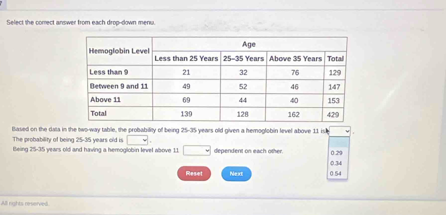 Select the correct answer from each drop-down menu.
Based on the data in the two-way table, the probability of being 25-35 years old given a hemoglobin level above 11 is
The probability of being 25-35 years old is vee
Being 25-35 years old and having a hemoglobin level above 11 □ dependent on each other. 0.29
0.34
Reset Next 0.54
All rights reserved.