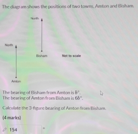 Solved: The diagram shows the positions of two towns, Amton and Bisham ...