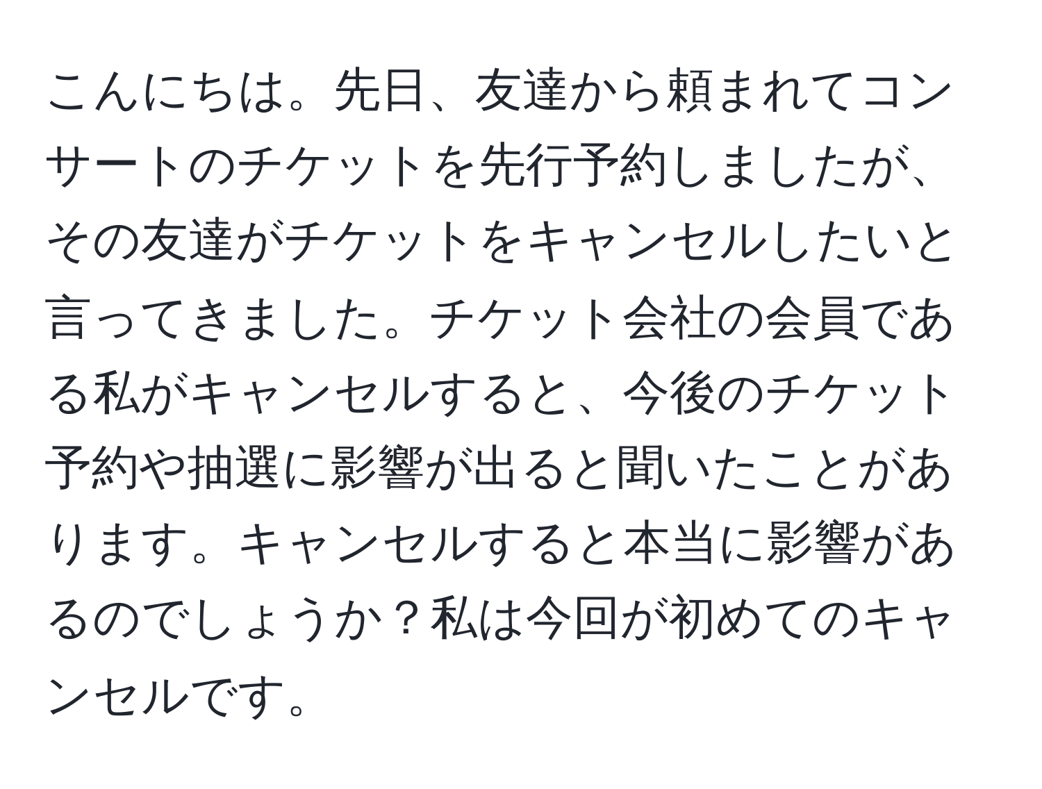 こんにちは。先日、友達から頼まれてコンサートのチケットを先行予約しましたが、その友達がチケットをキャンセルしたいと言ってきました。チケット会社の会員である私がキャンセルすると、今後のチケット予約や抽選に影響が出ると聞いたことがあります。キャンセルすると本当に影響があるのでしょうか？私は今回が初めてのキャンセルです。