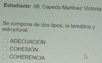 Estudiante 08, Cepeda Martinez Victoria
Se compone de dos tipos; la temática y
estructural:
ADECUACIÓN
COHESIÓN
COHERENCIA