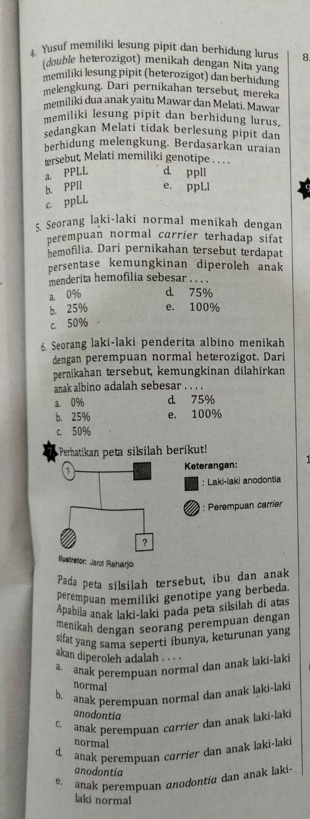 Yusuf memiliki lesung pipit dan berhidung lurus 8
(double hetrozigot) menikah dengan Nita yang
memiliki lesung pipit (hetrozigot) dan berhidung
melengkung. Dari pernikahan tersebut, mereka
memiliki dua anak yaitu Mawar dan Melati. Mawar
memiliki lesung pipit dan berhidung lurus,
sedangkan Melati tidak berlesung pipit dan
berhidung melengkung. Berdasarkan uraian
tersebut, Melati memiliki genotipe . . . .
a. PPLL d. ppll
b. PPll e. ppLl
c. ppLL
5. Seorang laki-laki normal menikah dengan
perempuan normal carrier terhadap sifat
hemofilia. Dari pernikahan tersebut terdapat
persentase kemungkinan diperoleh anak 
menderita hemofilia sebesar . . . .
a. 0%
d. 75%
b. 25% e. 100%
c. 50%
6. Seorang laki-laki penderita albino menikah
dengan perempuan normal heterozigot. Dari
pernikahan tersebut, kemungkinan dilahirkan
anak albino adalah sebesar . . . .
a. 0% d. 75%
b. 25% e. 100%
c. 50%
Perhatikan peta silsilah berikut!
1
Keterangan:
: Laki-laki anodontia
: Perempuan carrier
？
Ilustrator: Jarot Raharjo
Pada peta silsilah tersebut, ibu dan anak
perempuan memiliki genotipe yang berbeda.
Apabíla anak laki-laki pada peta silsilah di atas
menikah dengan seorang perempuan dengan
sifat yang sama seperti ibunya, keturunan yang
akan diperoleh adalah . . .
a. anak perempuan normal dan anak laki-laki
normal
b. anak perempuan normal dan anak laki-laki
anodontia
c. anak perempuan carrier dan anak laki-laki
normal
d anak perempuan carrier dan anak laki-laki
anodontia
e. anak perempuan anodontia dan anak laki-
laki normal