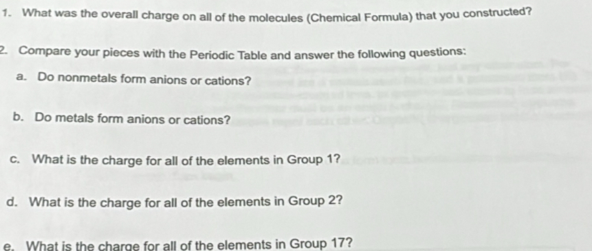 What was the overall charge on all of the molecules (Chemical Formula) that you constructed? 
2. Compare your pieces with the Periodic Table and answer the following questions: 
a. Do nonmetals form anions or cations? 
b. Do metals form anions or cations? 
c. What is the charge for all of the elements in Group 1? 
d. What is the charge for all of the elements in Group 2? 
e. What is the charge for all of the elements in Group 17?