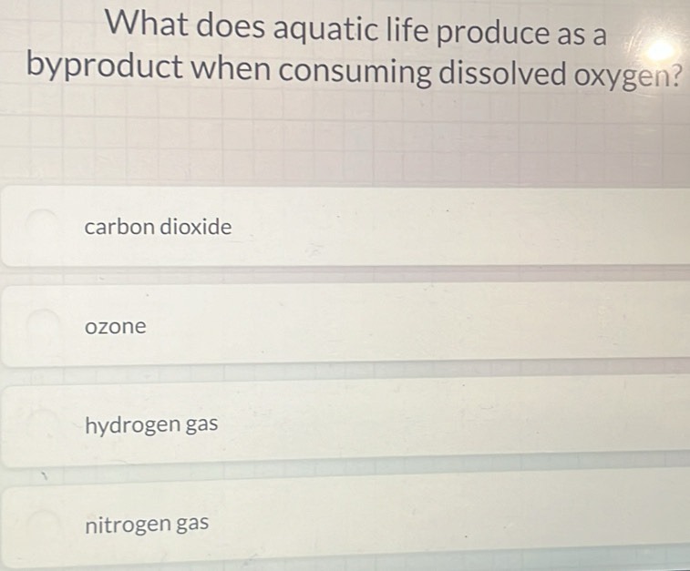 What does aquatic life produce as a
byproduct when consuming dissolved oxygen?
carbon dioxide
ozone
hydrogen gas
nitrogen gas