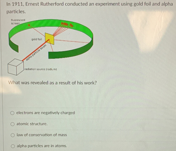 In 1911, Ernest Rutherford conducted an experiment using gold foil and alpha
particles.
What was revealed as a result of his work?
electrons are negatively charged
atomic structure.
law of conservation of mass
alpha particles are in atoms.