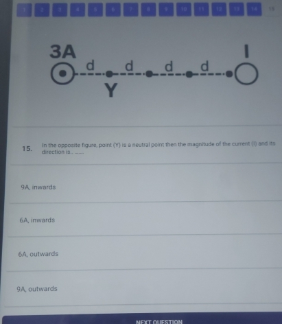 2 3 4 s 7 θ 9 10 12 , 14 15
3A
d d d d
Y
In the opposite figure, point (Y) is a neutral point then the magnitude of the current (I) and its
15. direction is.
9A, inwards
6A, inwards
6A, outwards
9A, outwards