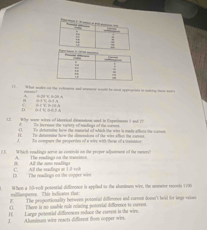 What scales on the voltmeter and ammeter would be most appropriate in making these instru
ments?
A. 0-20 V, 0-20 A
B. 0-5 V, 0-5 A
C. 0-1 V, 0-10 A
D. 0-1 V, 0-0.5 A
12. Why were wires of identical dimensions used in Experiments 1 and 2?
F. To increase the variety of readings of the current.
G. To determine how the material of which the wire is made affects the current.
H. To determine how the dimensions of the wire affect the current.
J. To compare the properties of a wire with those of a transistor.
13. Which readings serve as controls on the proper adjustment of the meters?
A. The readings on the transistor.
B. All the zero readings
C. All the readings at 1.0 volt
D. The readings on the copper wire
4. When a 10-volt potential difference is applied to the aluminum wire, the ammeter records 1100
milliamperes. This indicates that:
F. The proportionality between potential difference and current doesn't hold for large values
G. There is no usable rule relating potential difference to current.
H. Large potential differences reduce the current in the wire.
J. Aluminum wire reacts different from copper wire.