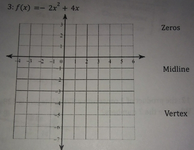 3: f(x)=-2x^2+4x
Zeros
Midline
Vertex