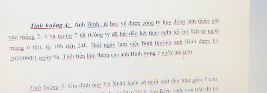 Tình huống 4: Anh Bình là bảo vệ được công ty huy động làm thêm giờ 
vào mùng 2, 4 và mùng 7 tết (Công ty đã bắt đầu kết thúc nghi tết âm lịch từ ngày 
mùng 6 tết), từ 18h đến 24h. Biết ngày làm`yiệc bình thường anh Binh được trả
200000đ/1 ngày/ 5h. Tính tiền làm thêm của anh Bình trong 3 ngày nói trên. 
Tình huống 5: Gia đình ông Vũ Xuân Kiên có nuôi một đàn trâu gồm 5 con, 
2 / 2016 ông Kiến buộc con trâu dữ tại